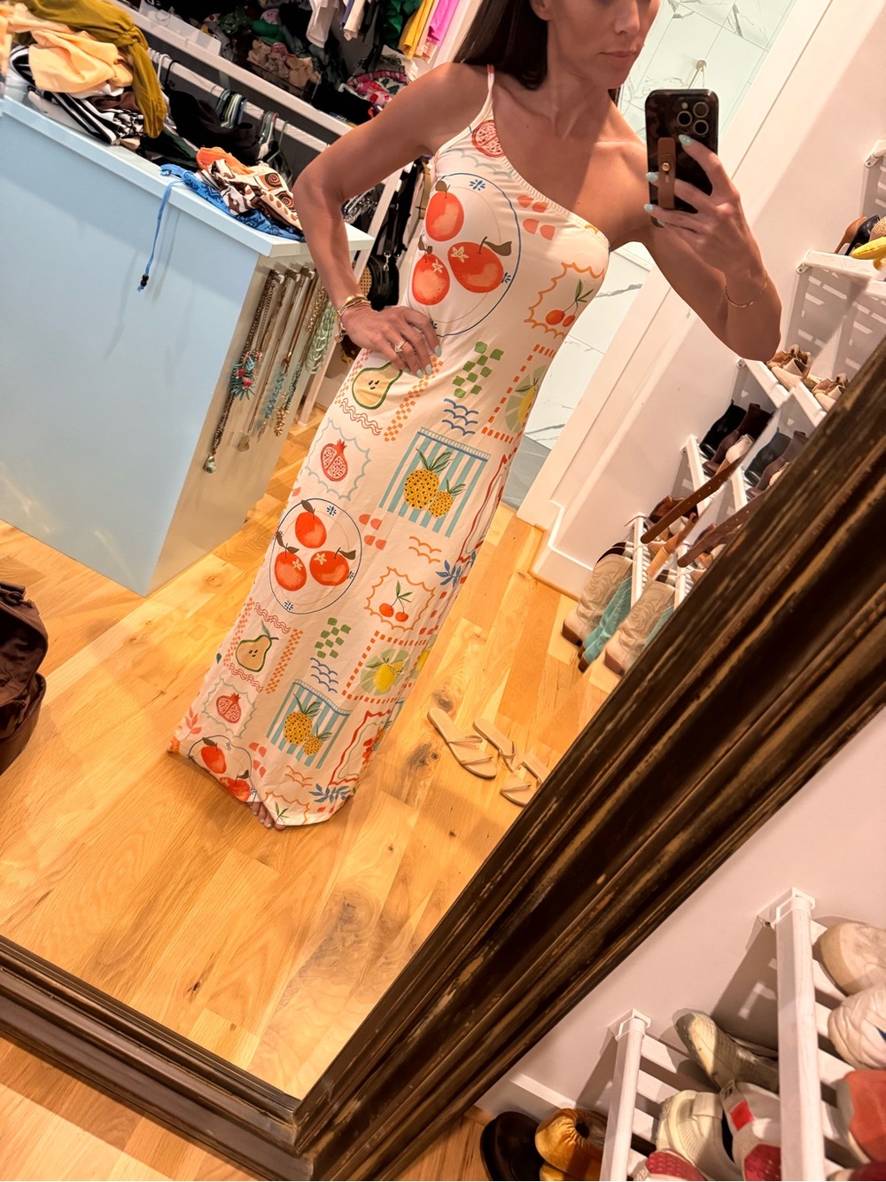 SHEIN Cream Maxi Dress with Orange & Yellow Fruit Print